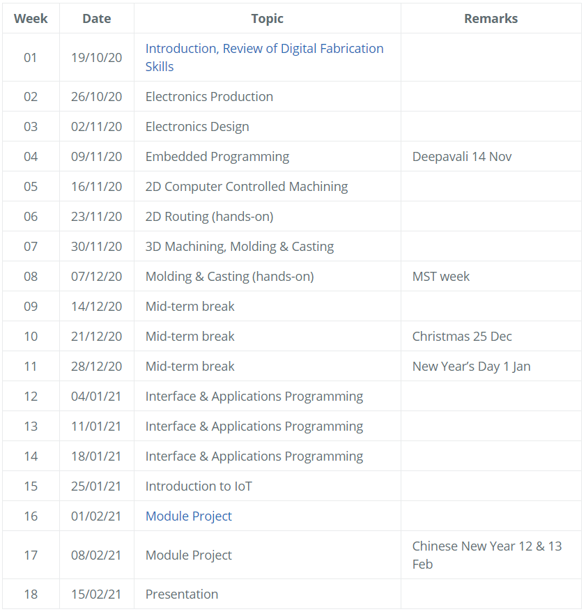 course schedule